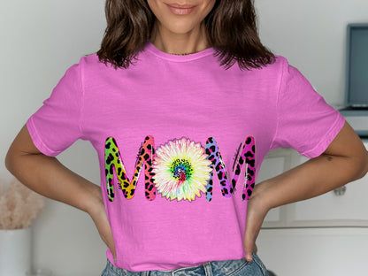 Vibrant MOM Graphic Tee with Colorful Flower Design