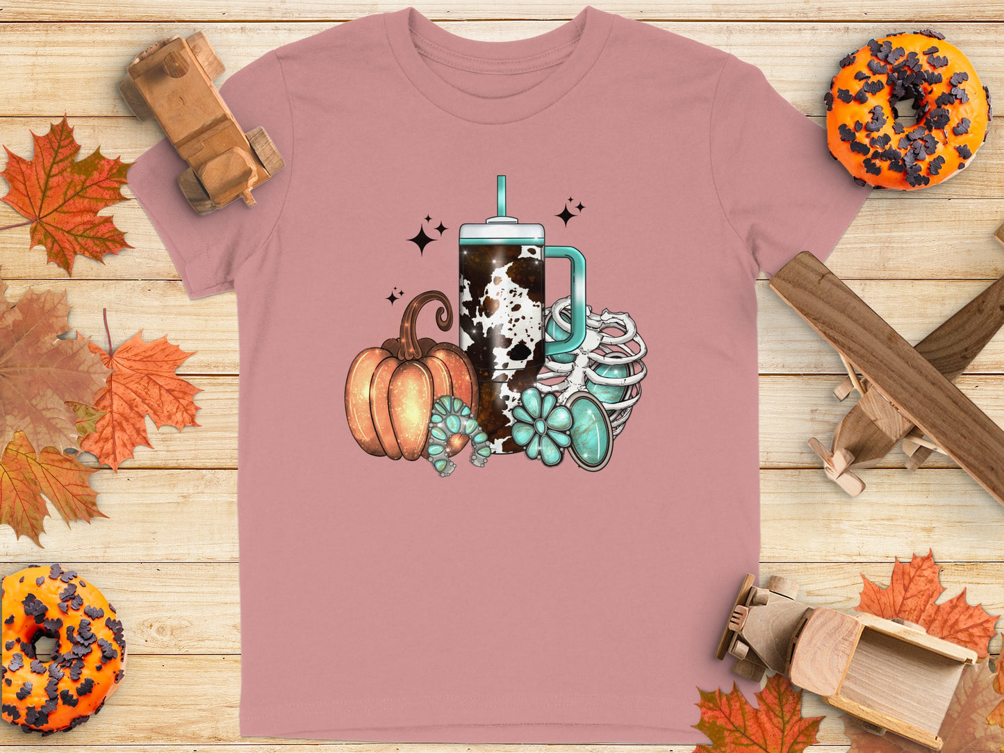 Halloween Pumpkin Skeleton and Drink Graphic T-Shirt
