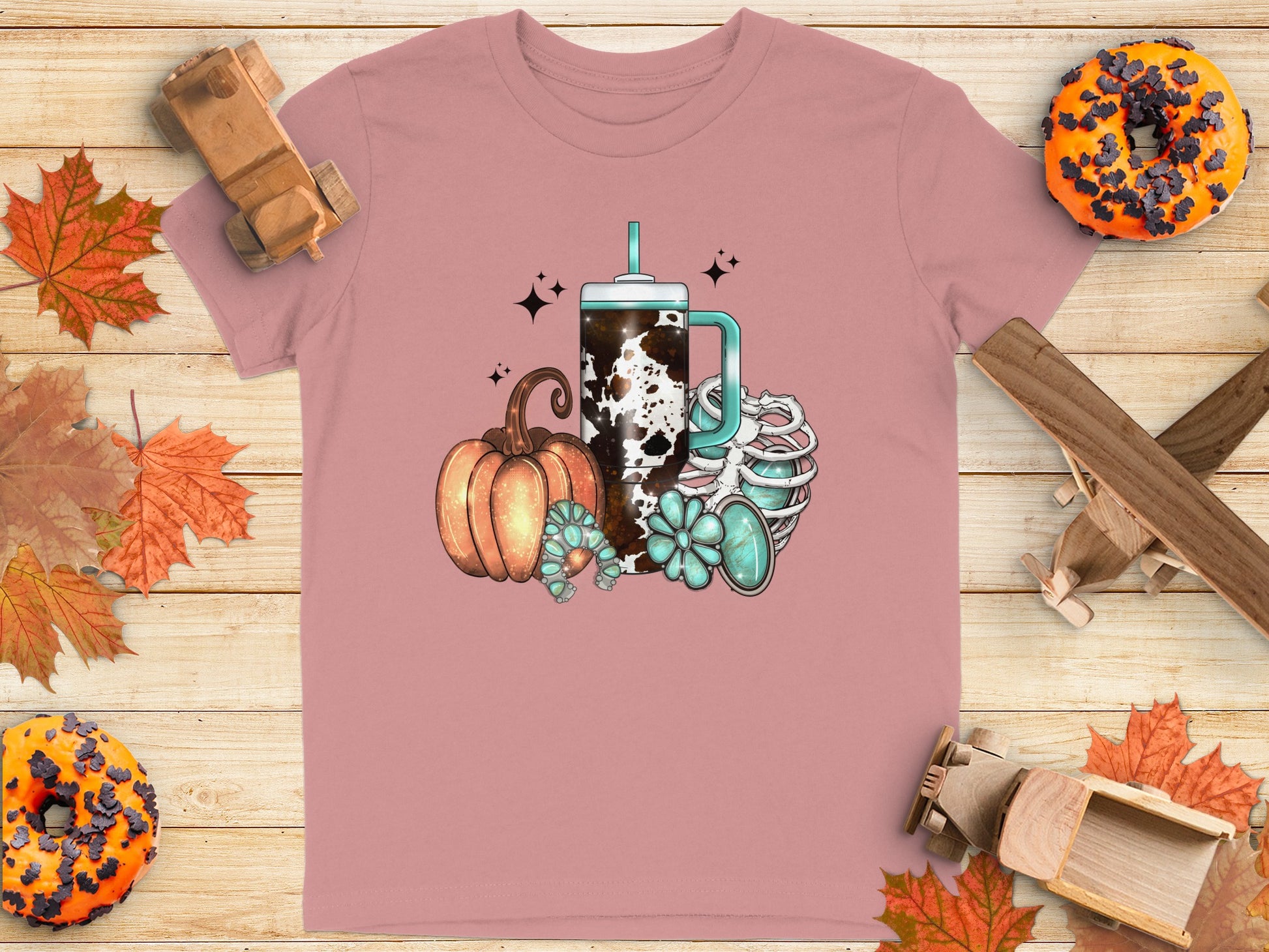 Halloween Pumpkin Skeleton and Drink Graphic T-Shirt