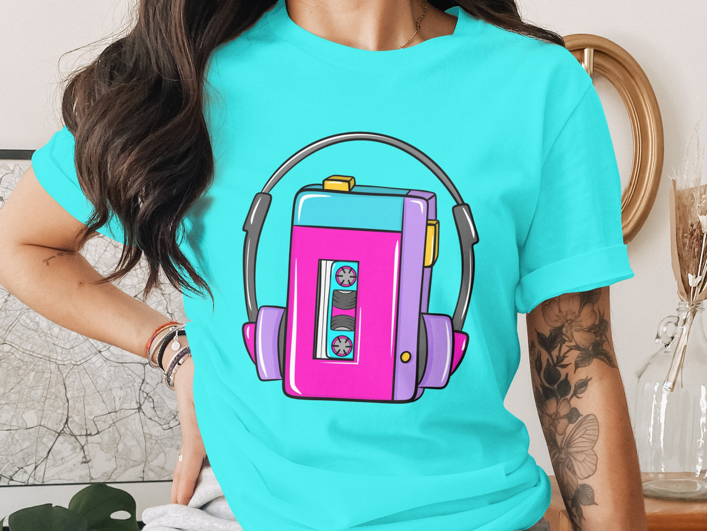 Bright Retro Cassette Player Design on T-Shirt