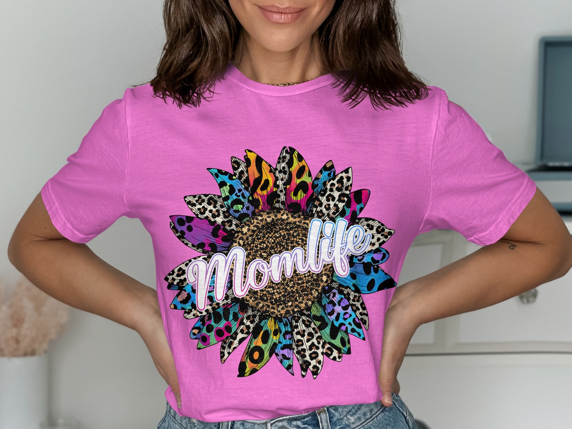 Stylish Pink Momlife T-Shirt with Colorful Sunflower Design