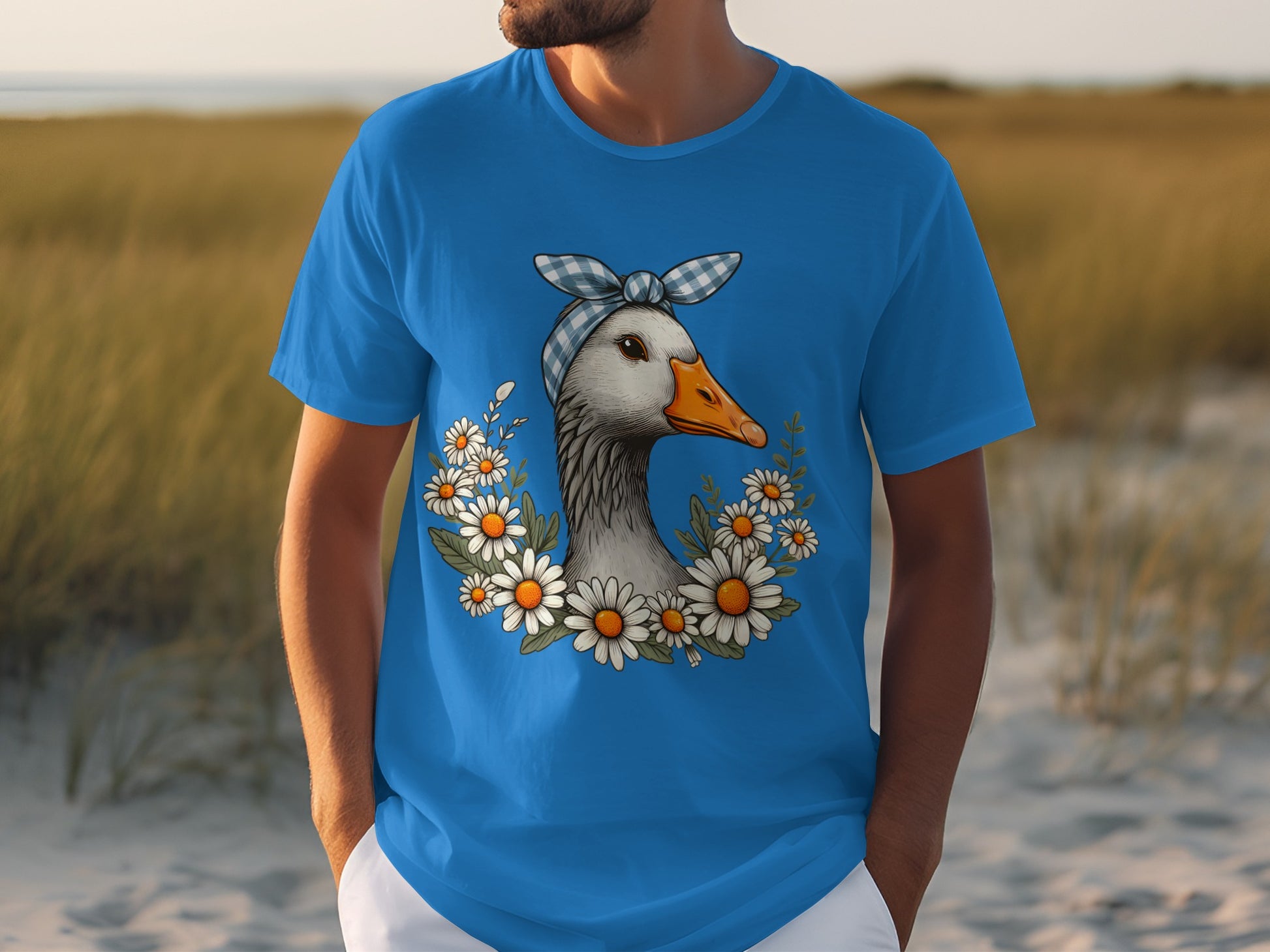 Duck with Daisy Floral Design on Blue Shirt