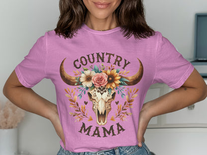 Country Mama Bull Skull Art Tee Shirt