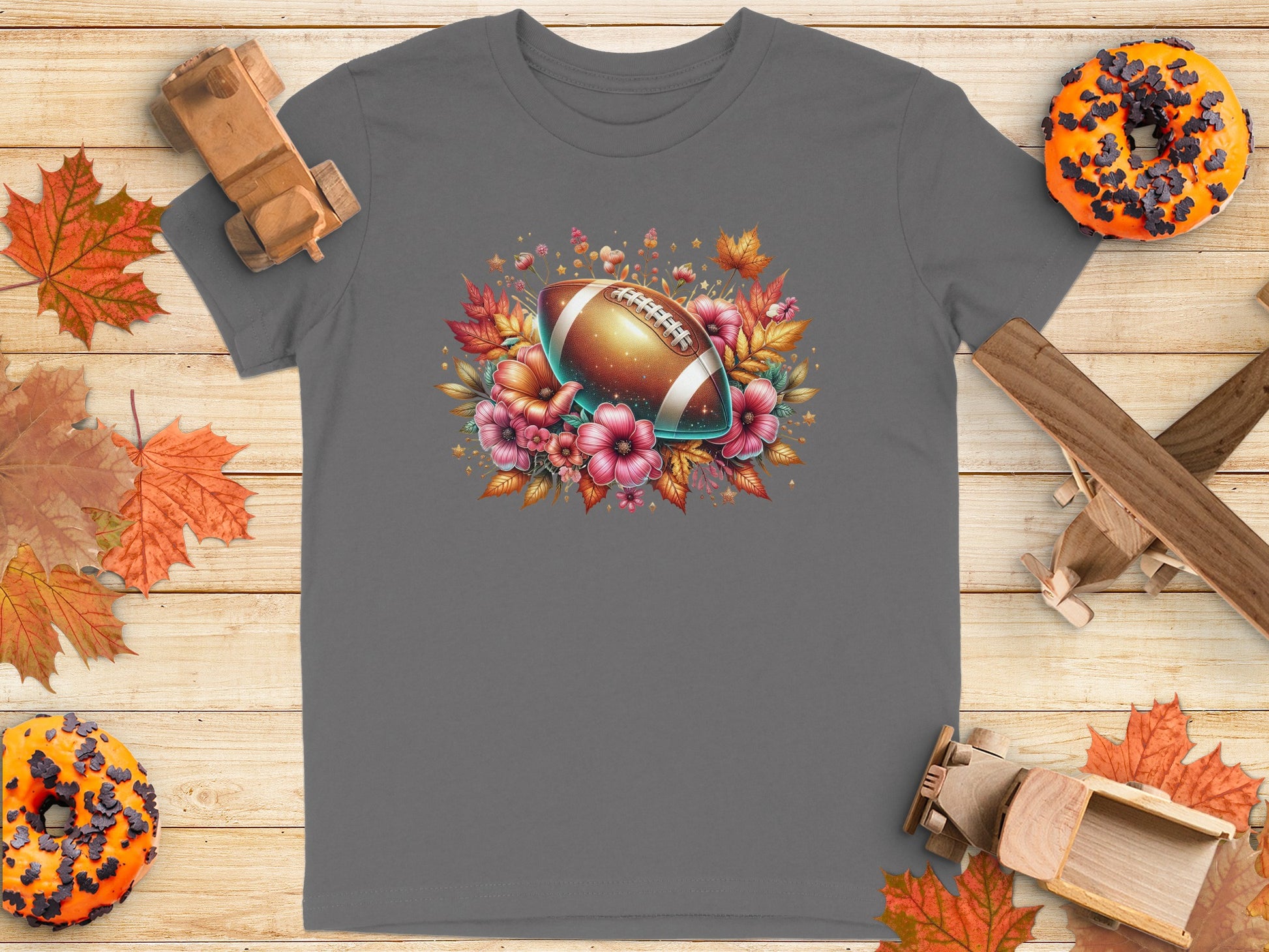 Autumn Football Floral Graphic Gray T-Shirt product