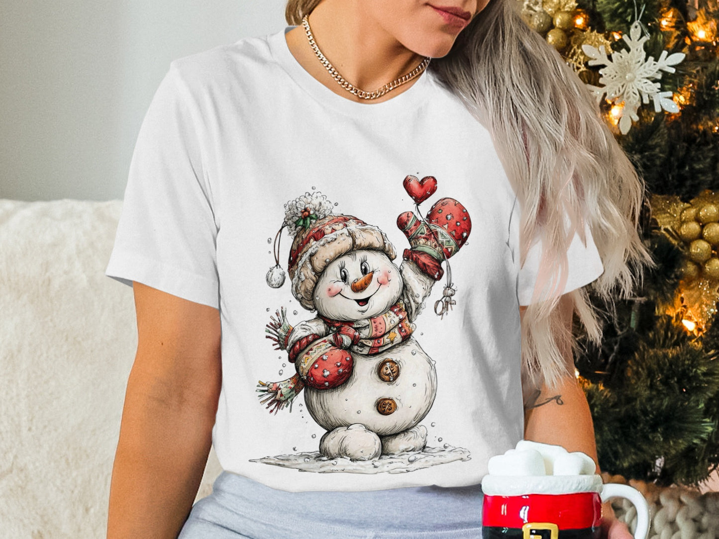 Snowman with Heart Holding Red Mittens T-Shirt