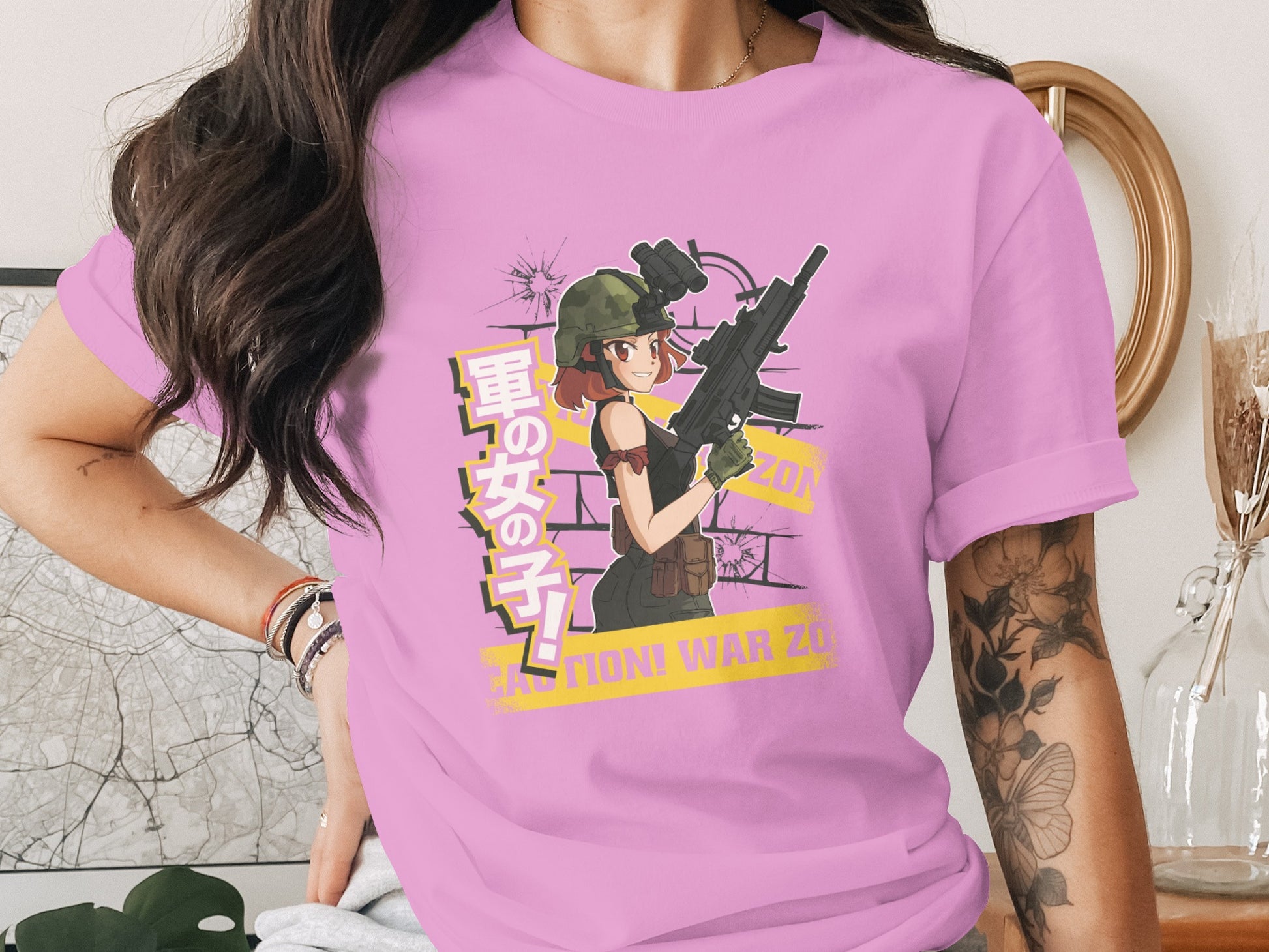 Pink Short Sleeve Anime Military Artwork Shirt