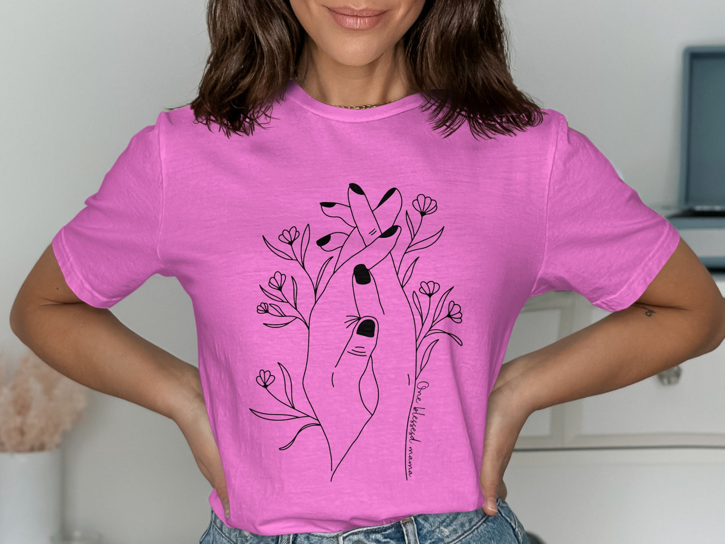Pink T-Shirt with Black Art of Hand Holding a Flower