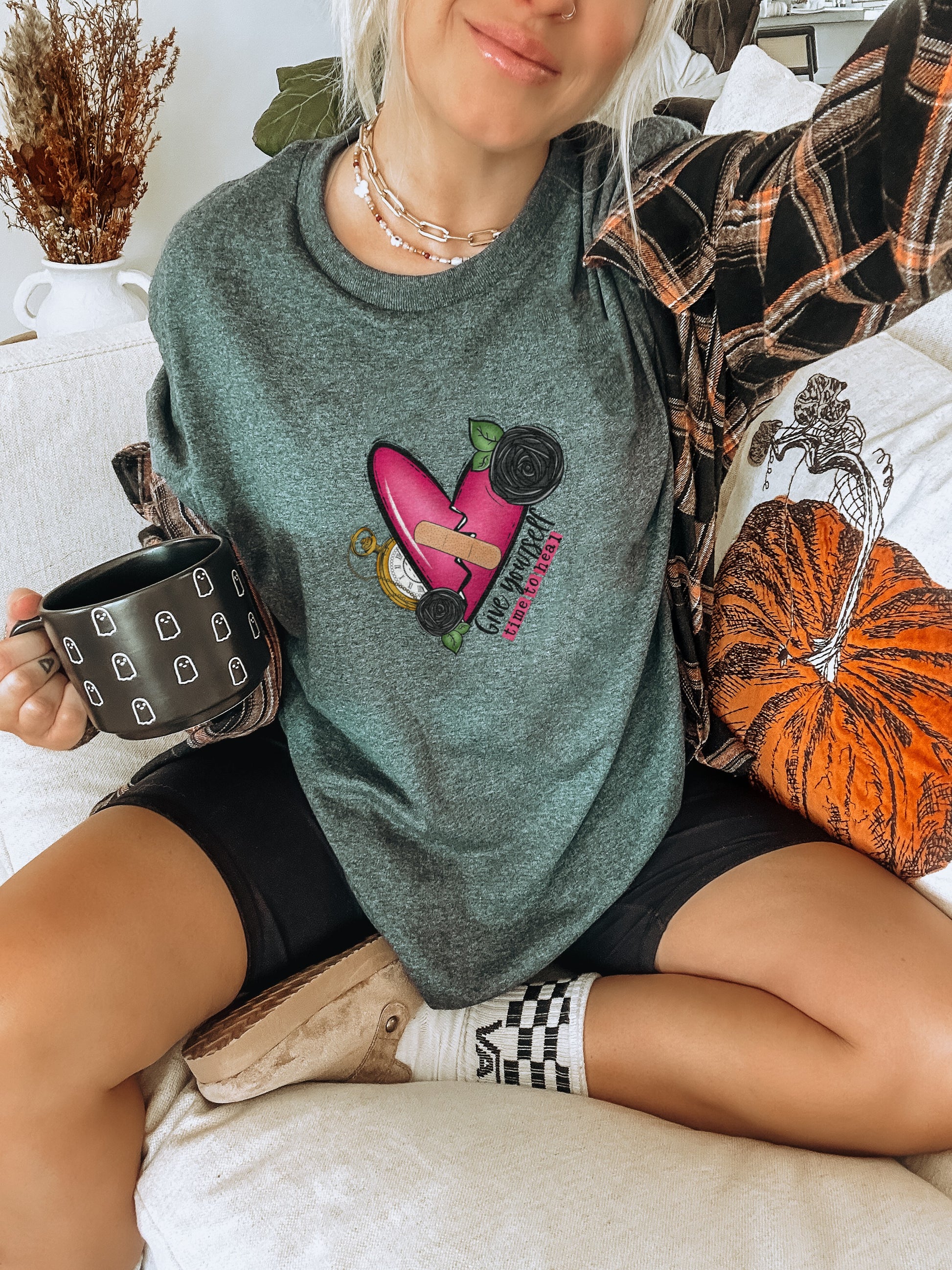 Vibrant Pink and Black Heart Embroidered T-Shirt