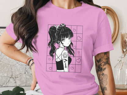 Anime Character Graphic Pink Shirt for Casual Wear