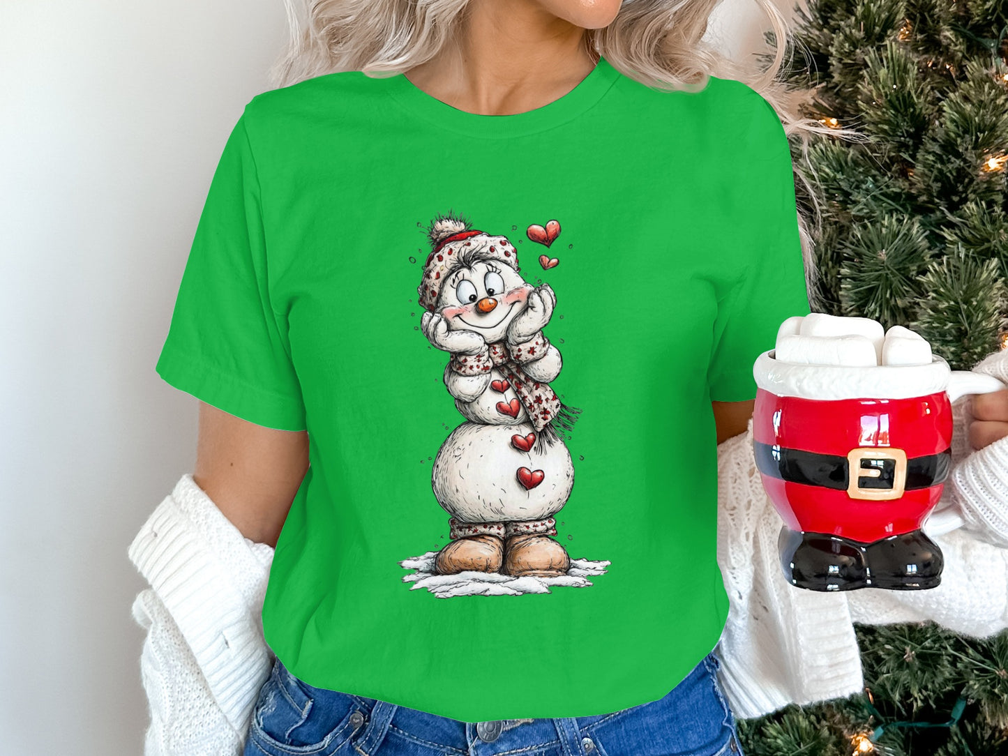 Festive Snowman with Hearts Graphic T-Shirt