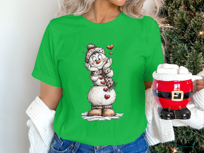 Festive Snowman with Hearts Graphic T-Shirt