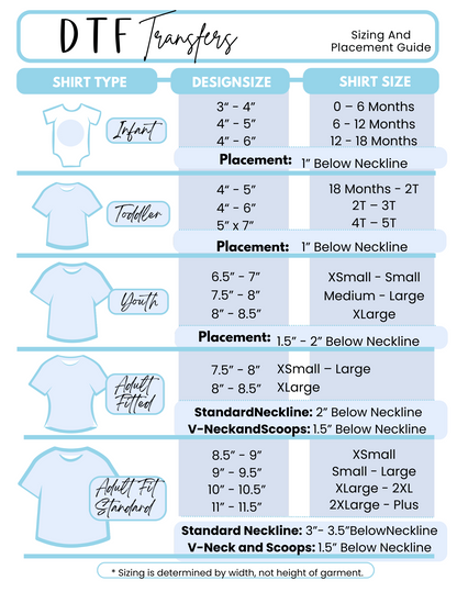 DTF Transfers Sizing and Placement Guide Chart
