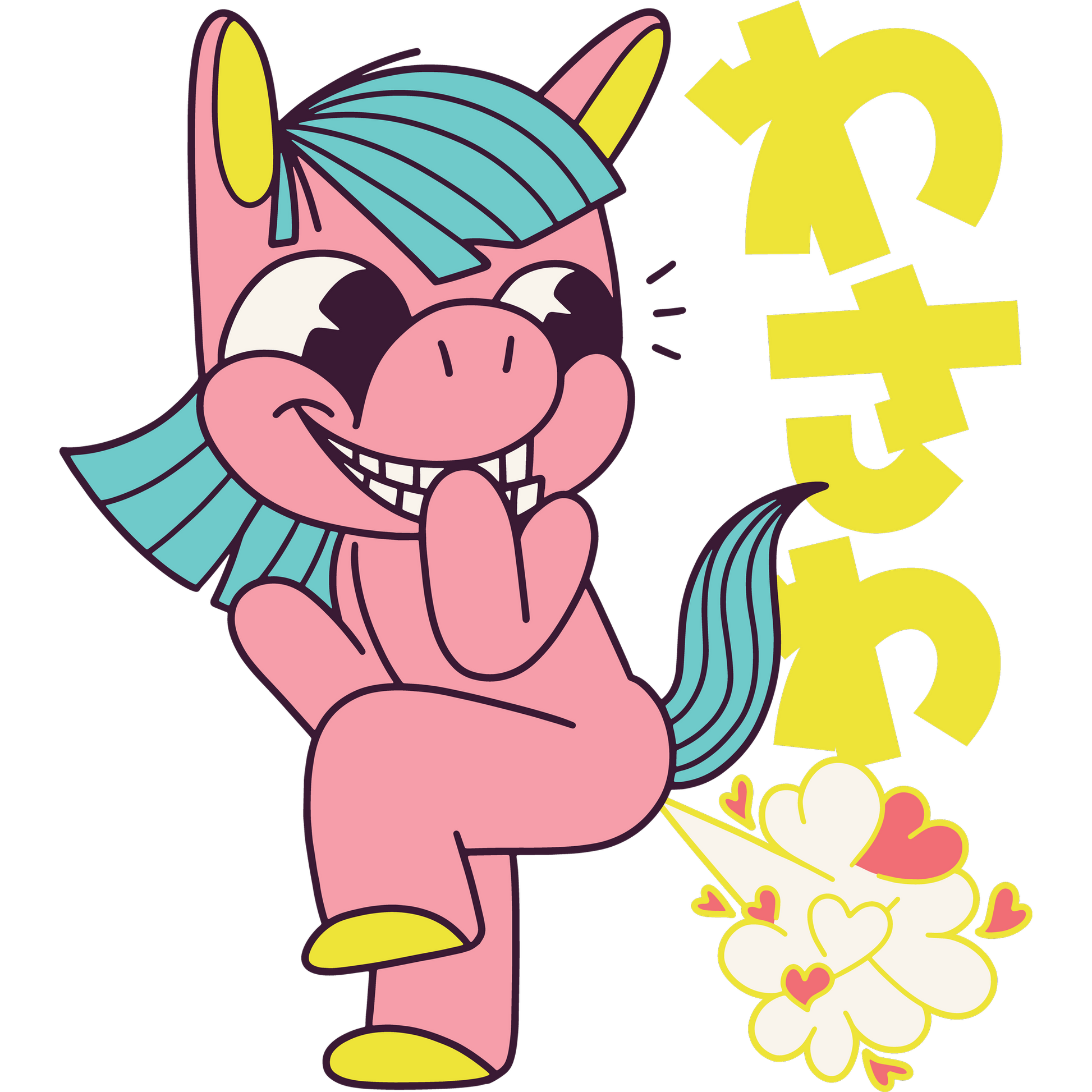 Mischievous Cartoon Unicorn with Hearts Graphic Design
