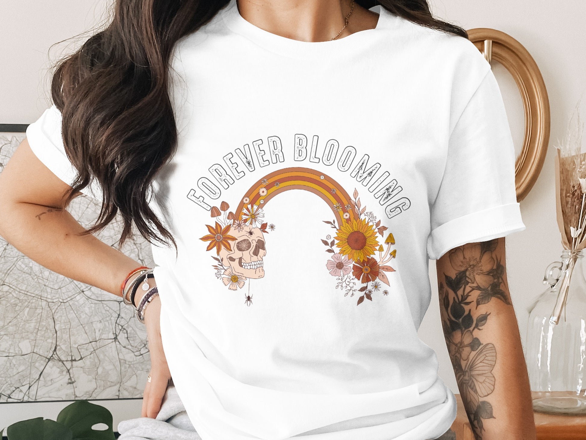 Forever Blooming Floral Skull Rainbow T-Shirt