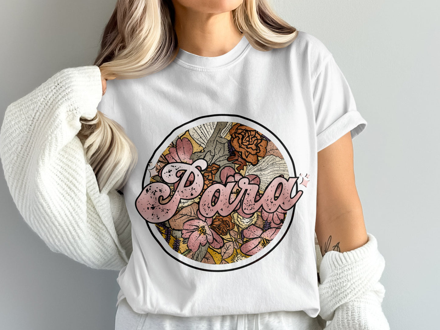 Para graphic t-shirt with floral and butterfly design