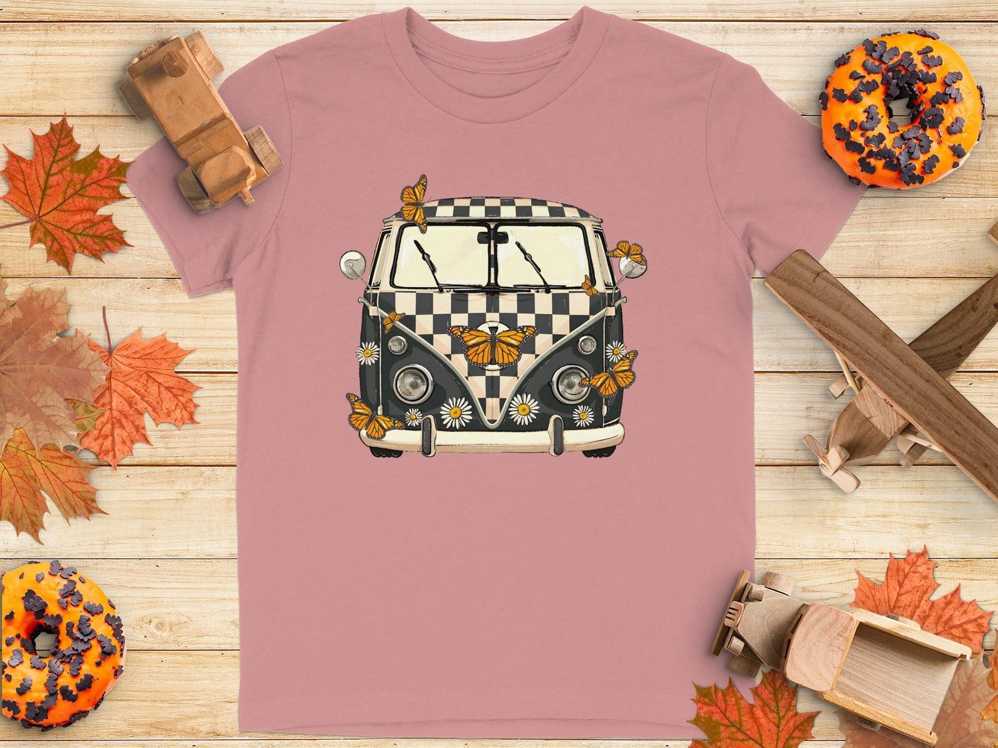 Vintage Checkerboard Van and Butterflies Graphic Shirt
