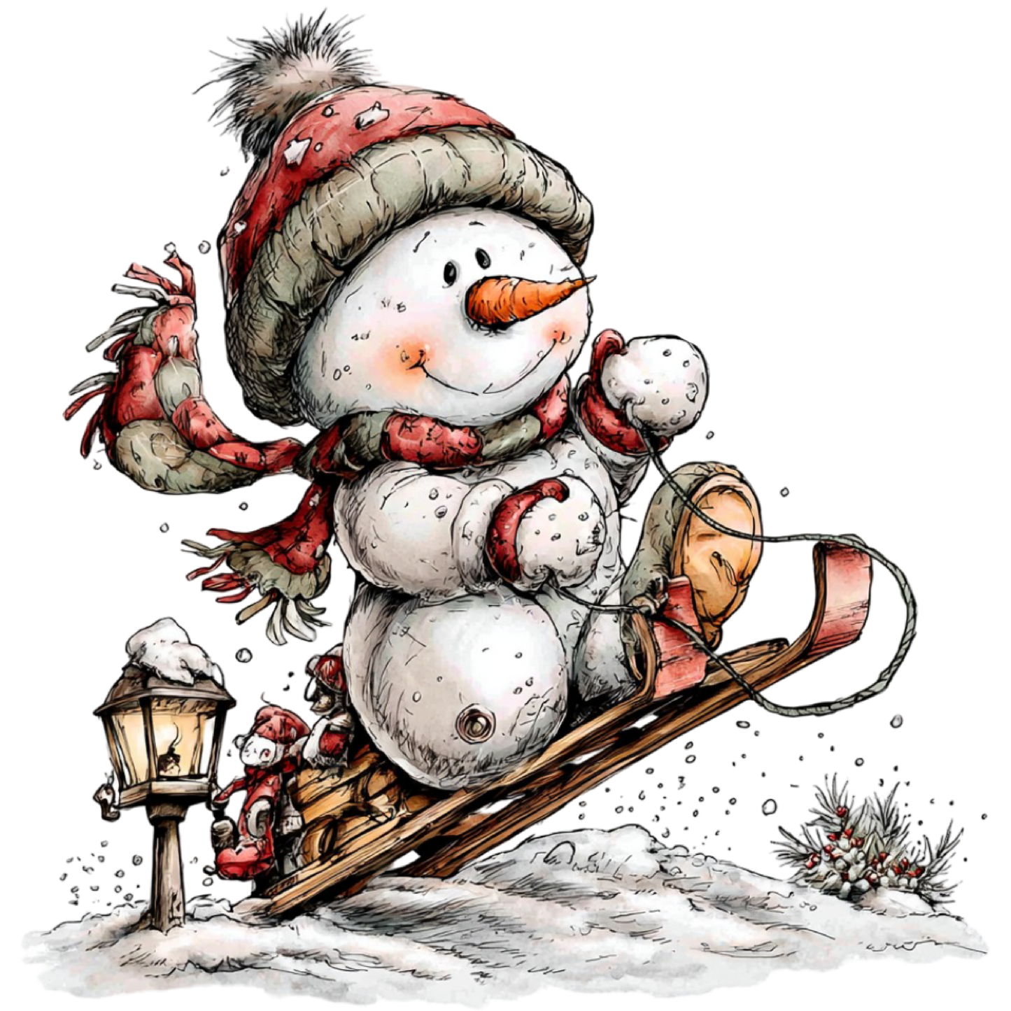 Adorable Snowman Sliding Down Hill Winter Illustration