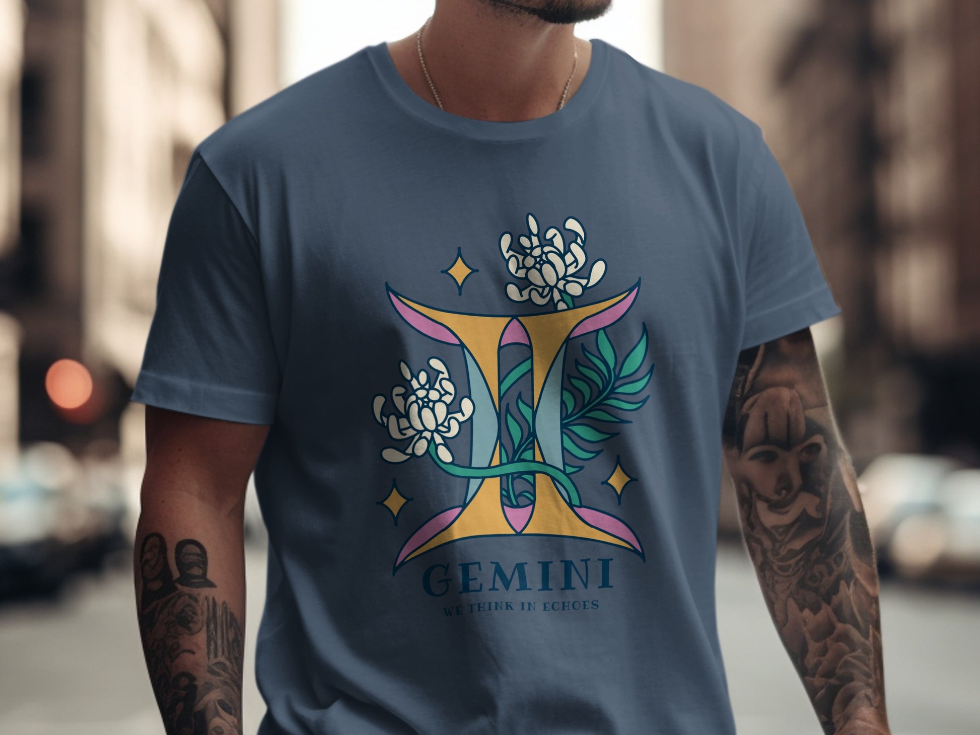 Gemini T-shirt with Zodiac Design and Floral Accents