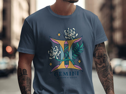 Gemini T-shirt with Zodiac Design and Floral Accents