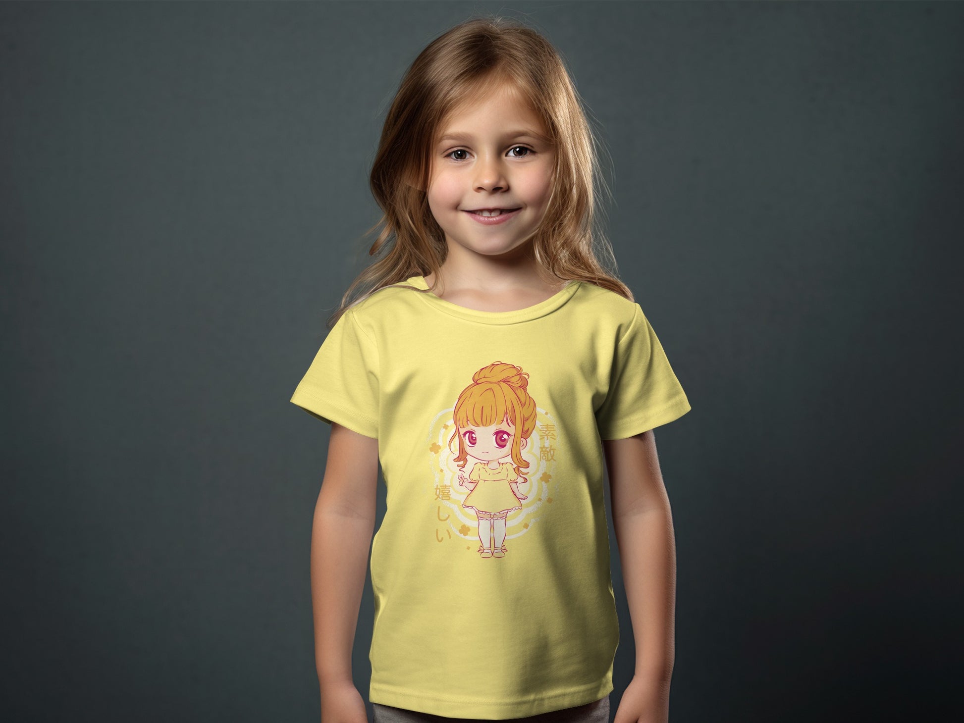 Cute Cartoon Girl Graphic on Yellow Kids Tee