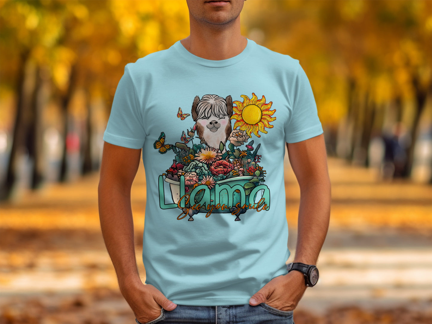 Llama T-shirt with Flowers and Sun Design Tee