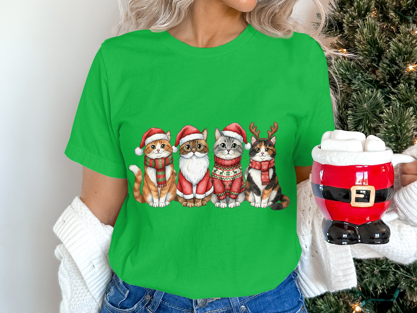 Four Cute Christmas Cats in Santa Outfits T-Shirt