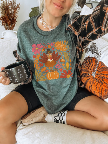 Cheerful Turkey Floral Design Fall Apparel