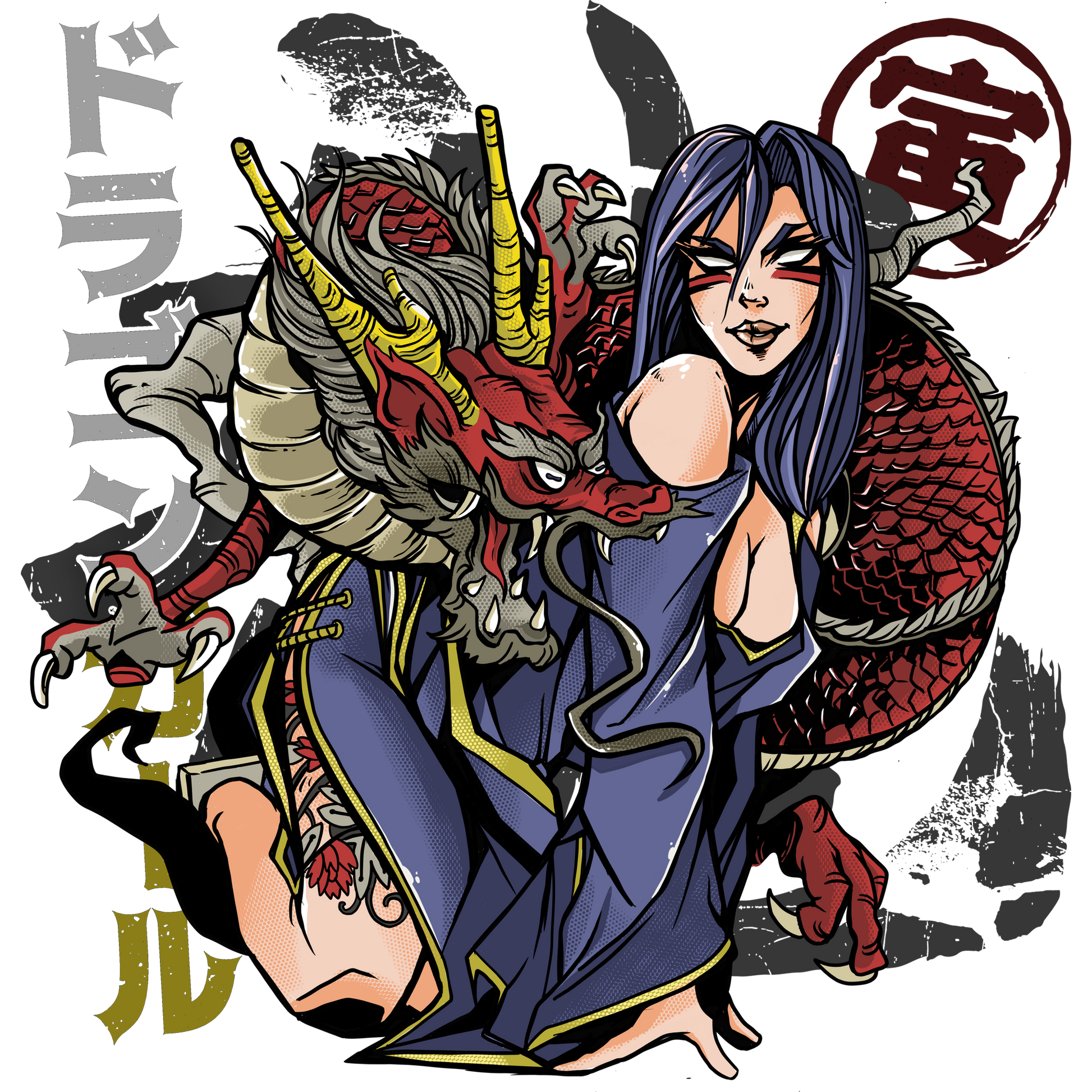 Fierce Japanese Oni Woman Art - Unique Dragon Print