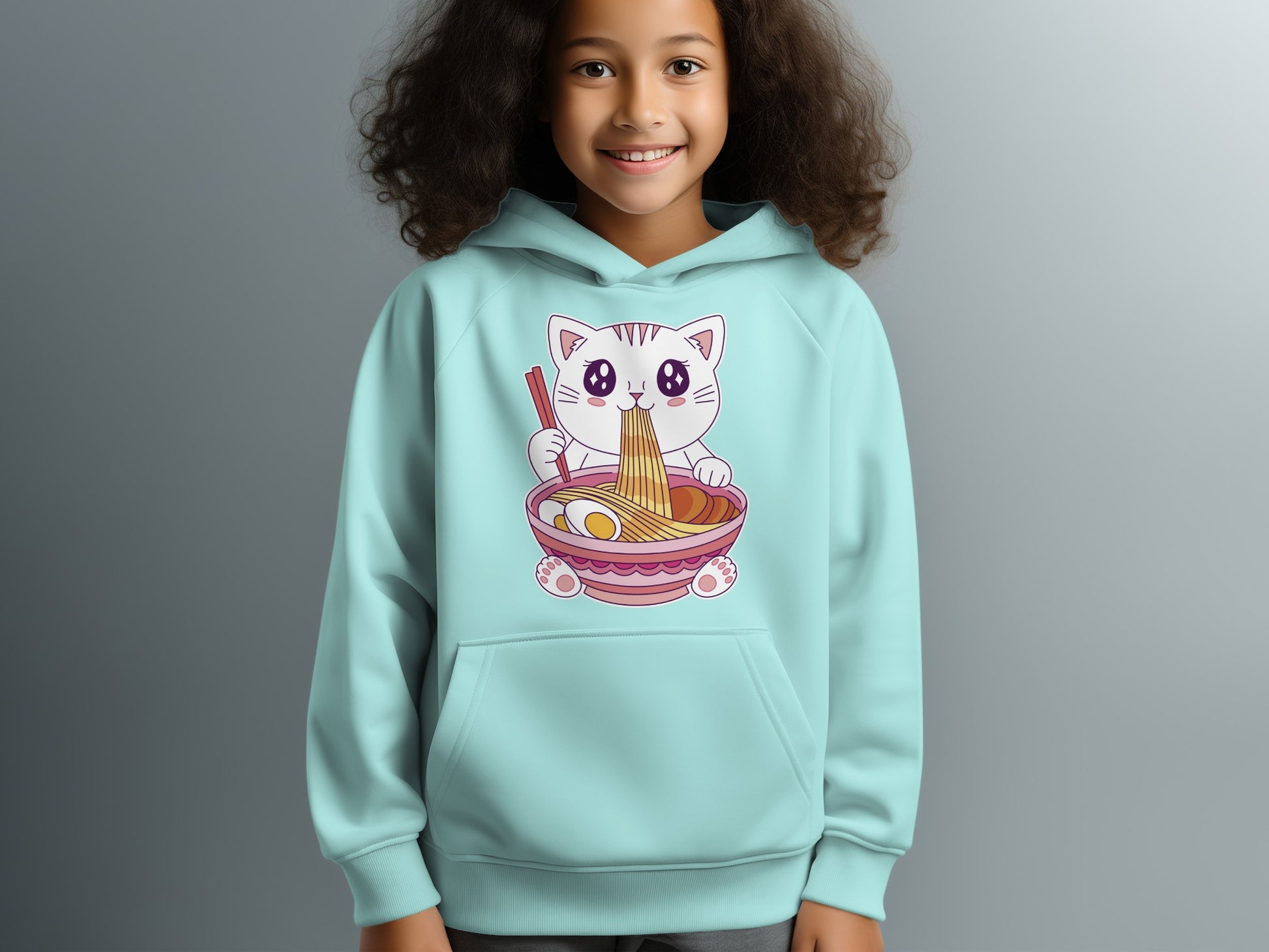Cute Cat Eating Ramen Hoodie for Kids Apparel