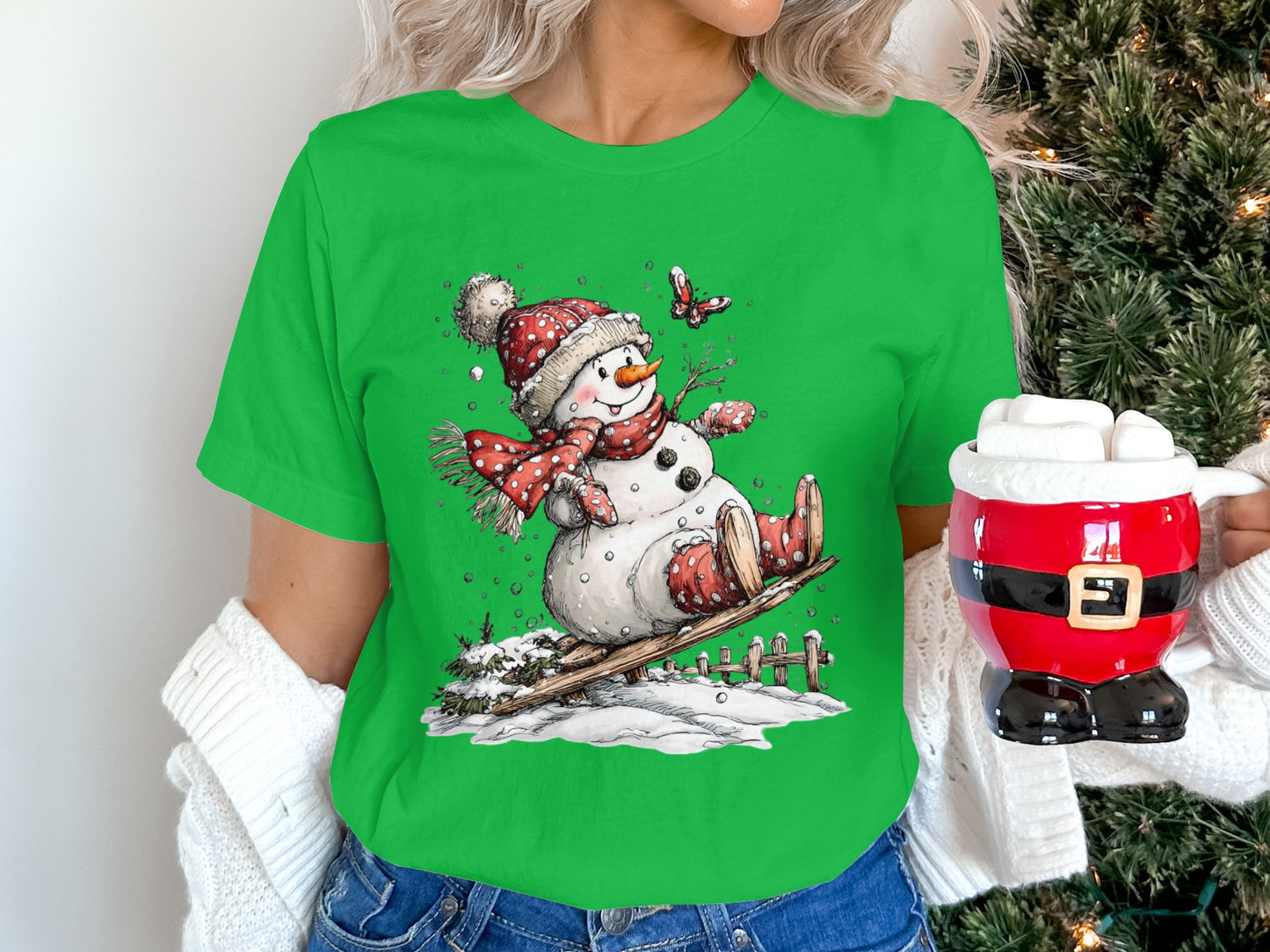 Snowman Sledding Christmas Tee Cute Winter Holiday Shirt