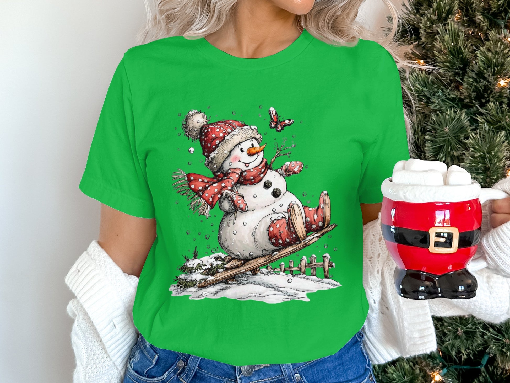 Snowman Sledding Christmas Tee Cute Winter Holiday Shirt