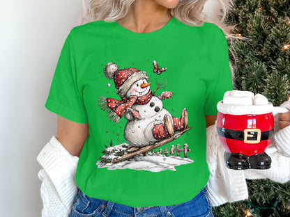 Snowman Sledding Christmas Tee Cute Winter Holiday Shirt