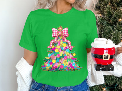 Colorful Christmas Tree with Bow Graphic T-shirt