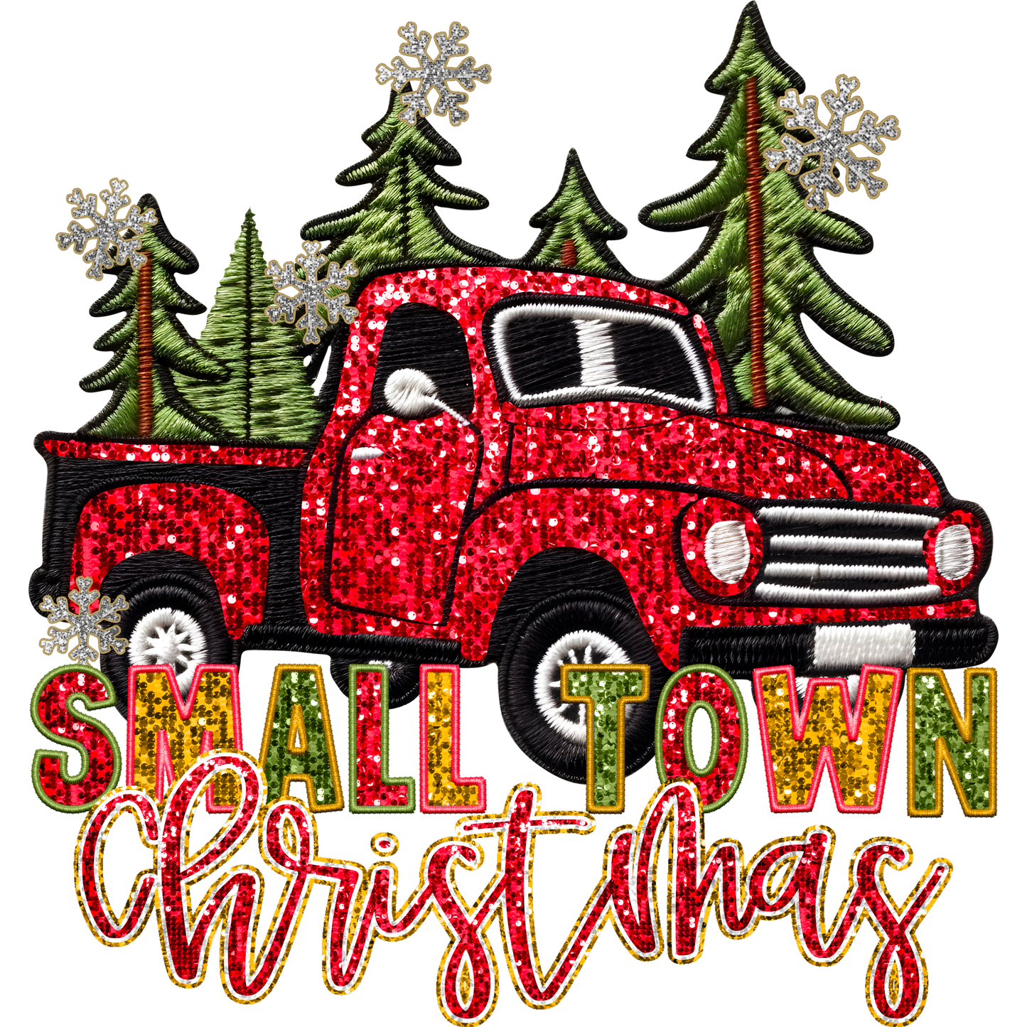 Small Town Christmas Red Truck Embroidered Decor