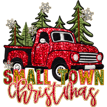 Small Town Christmas Red Truck Embroidered Decor