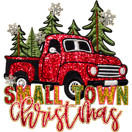 Small Town Christmas Red Truck Embroidered Decor