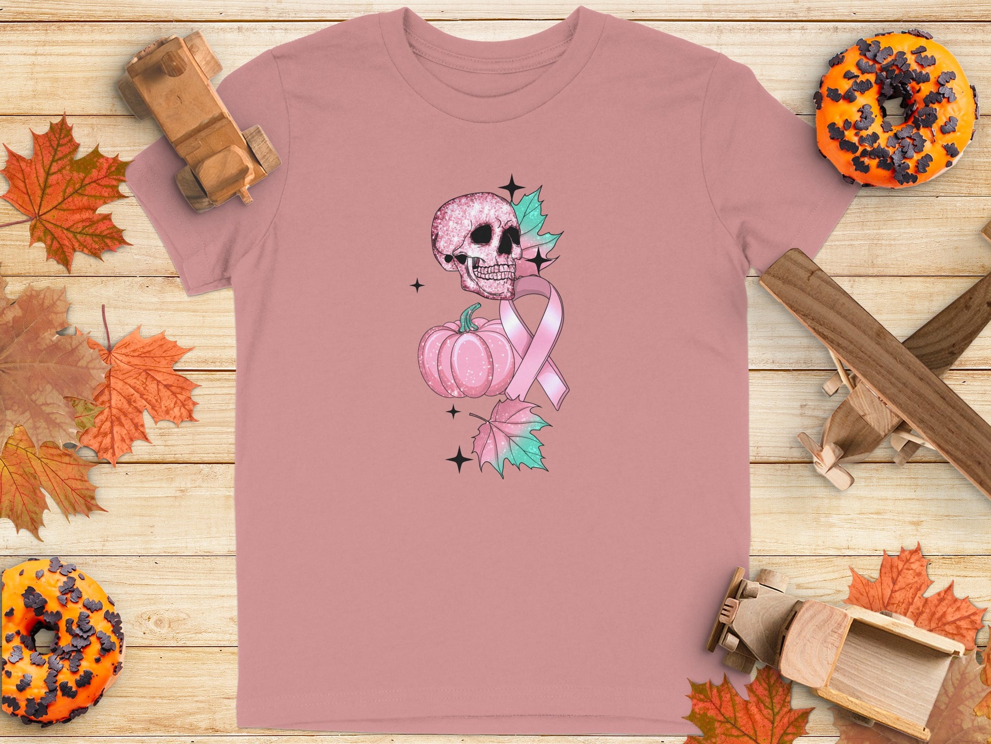 Pink Halloween Skull With Pumpkin And Ribbon T-shirt