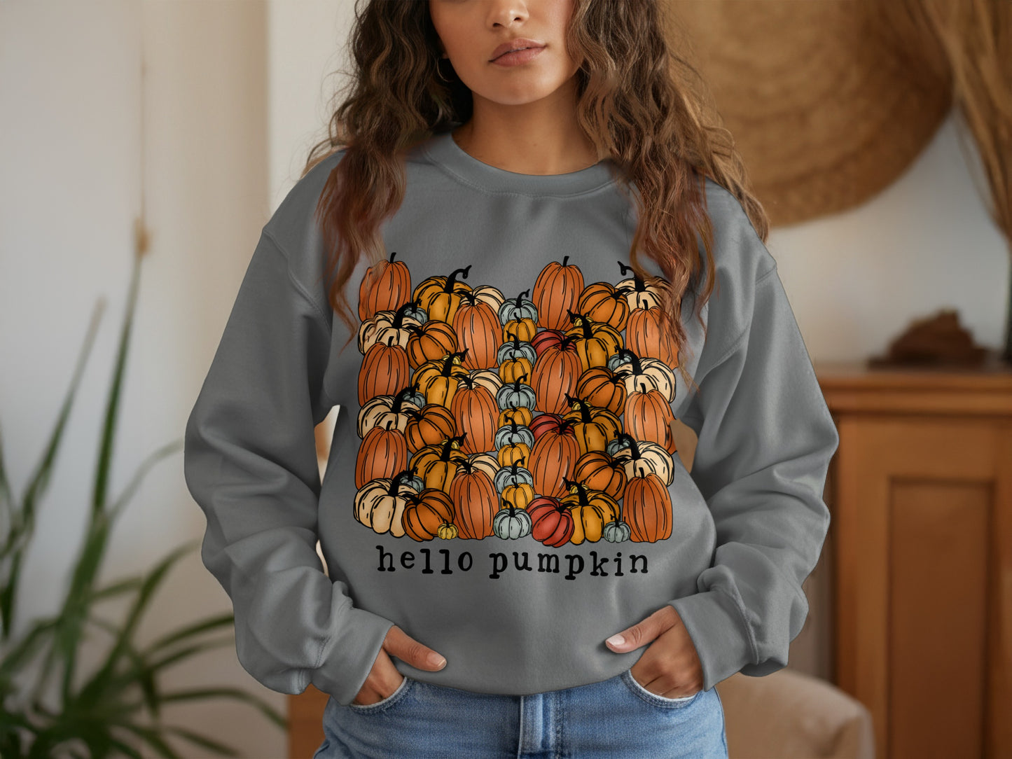 Cozy Hello Pumpkin Graphic Print Sweatshirt