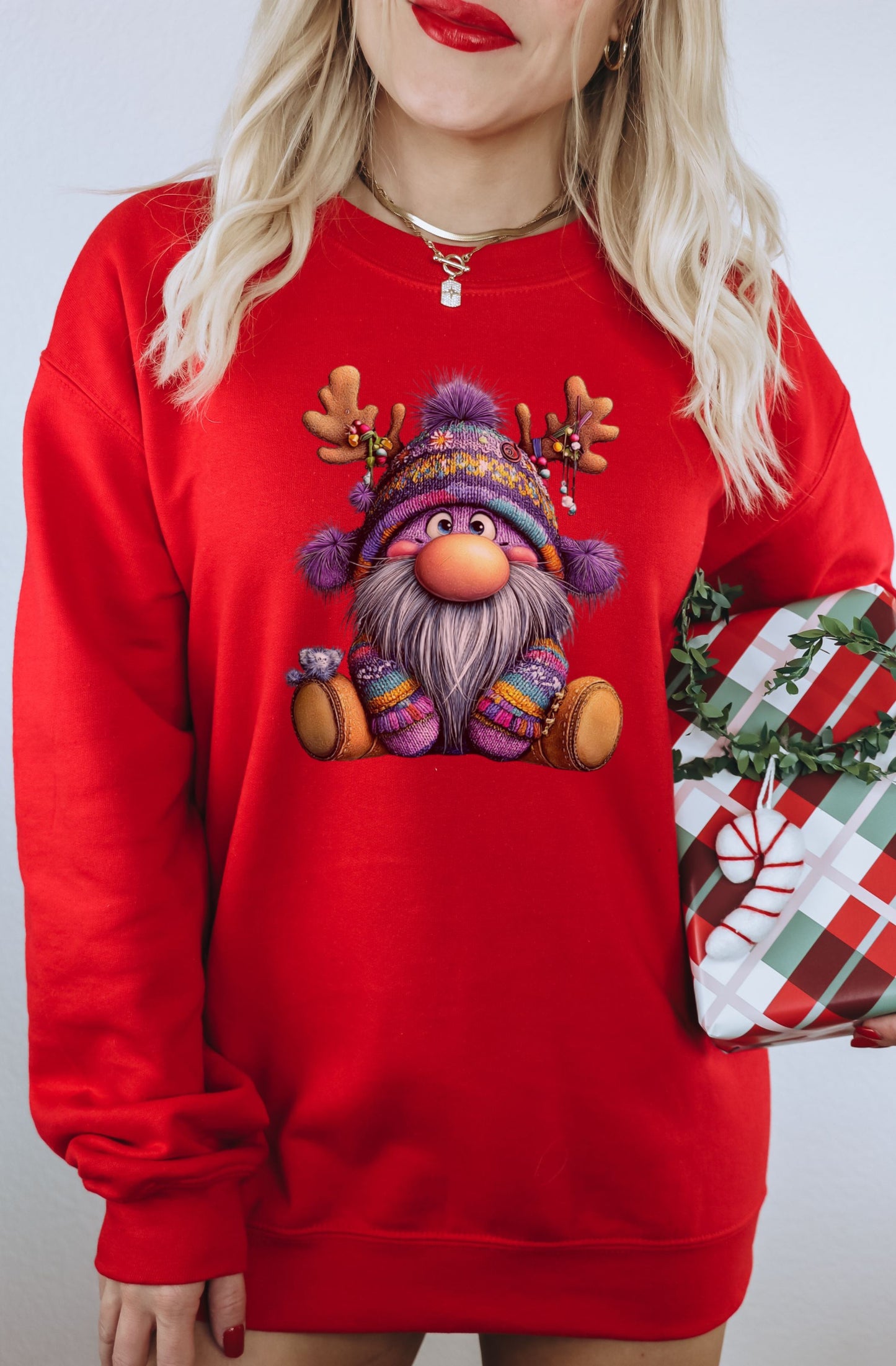 Red Christmas Gnome Long Sleeve Holiday Sweatshirt