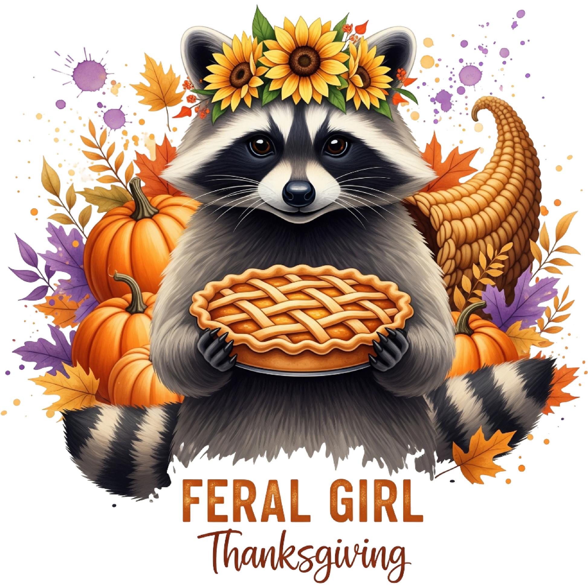 Feral Girl Thanksgiving Raccoon Holding Pie Artwork