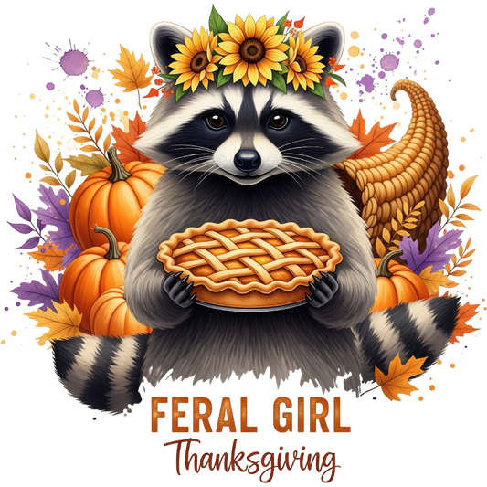 Feral Girl Thanksgiving Raccoon Holding Pie Artwork