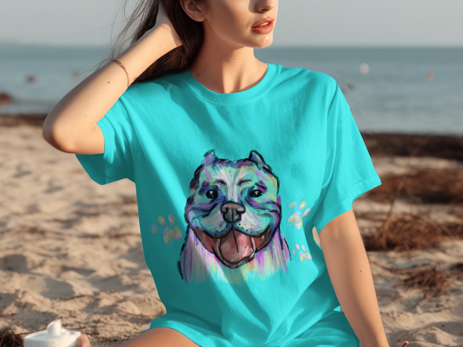 Colorful Dog Face Design on Casual Beach T-Shirt