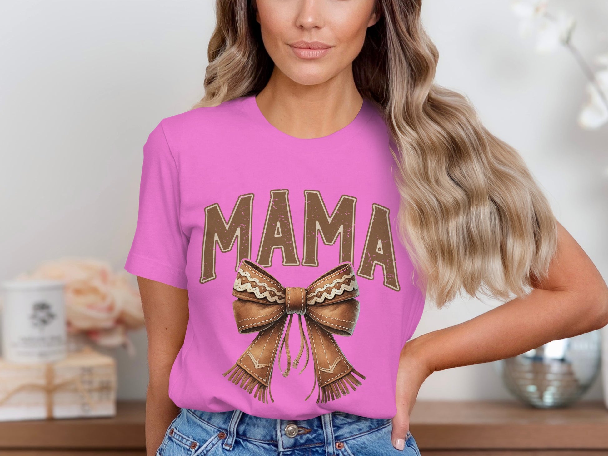Mama Bow Design on Pink Background Shirt