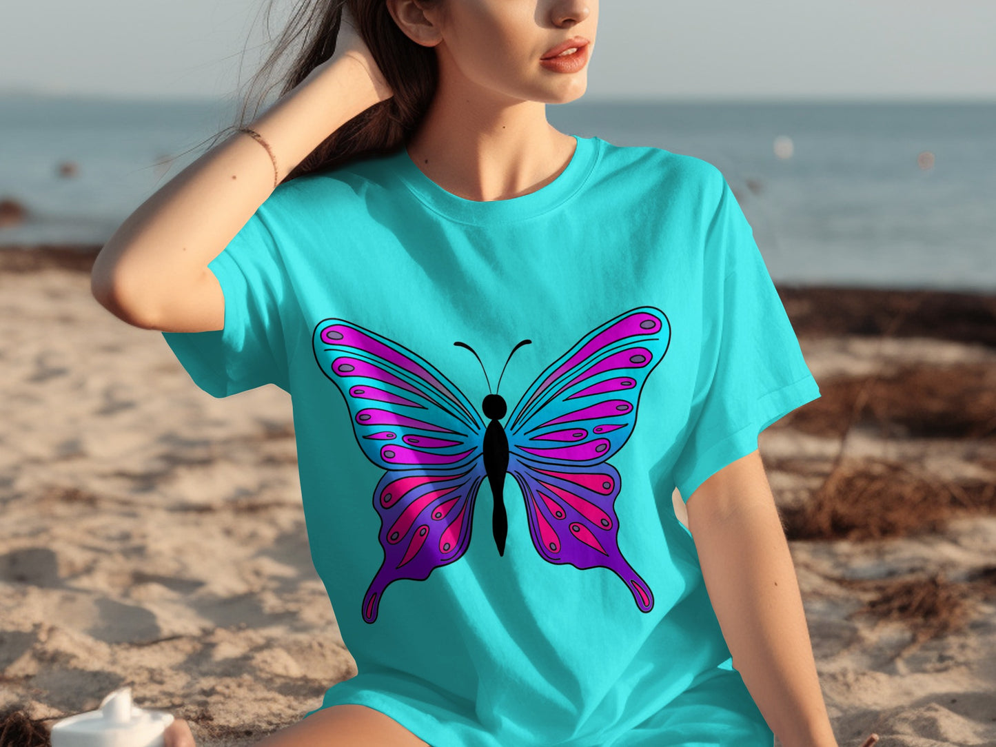 Vibrant Butterfly Design on a Casual Blue T-shirt
