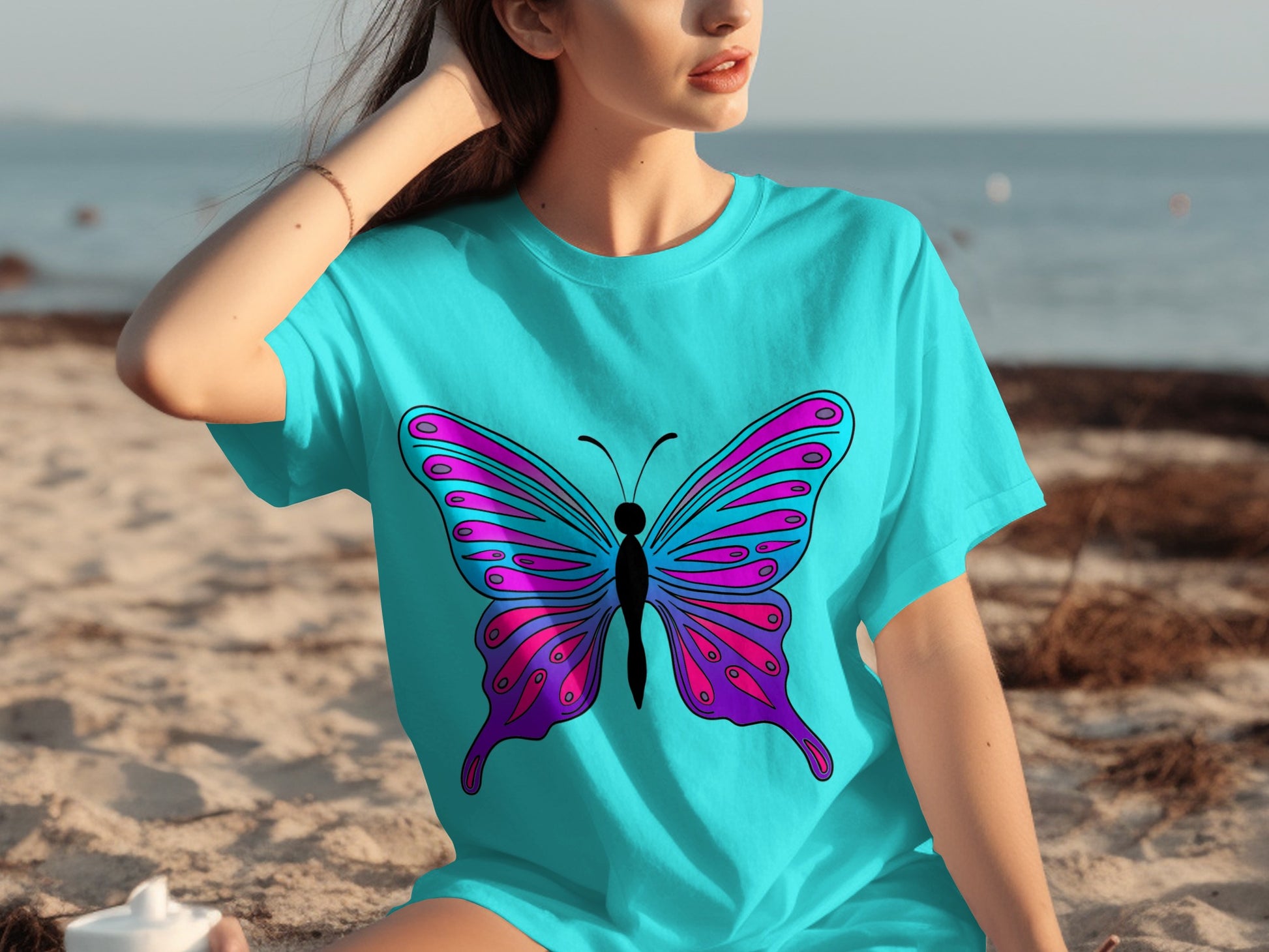 Vibrant Butterfly Design on a Casual Blue T-shirt