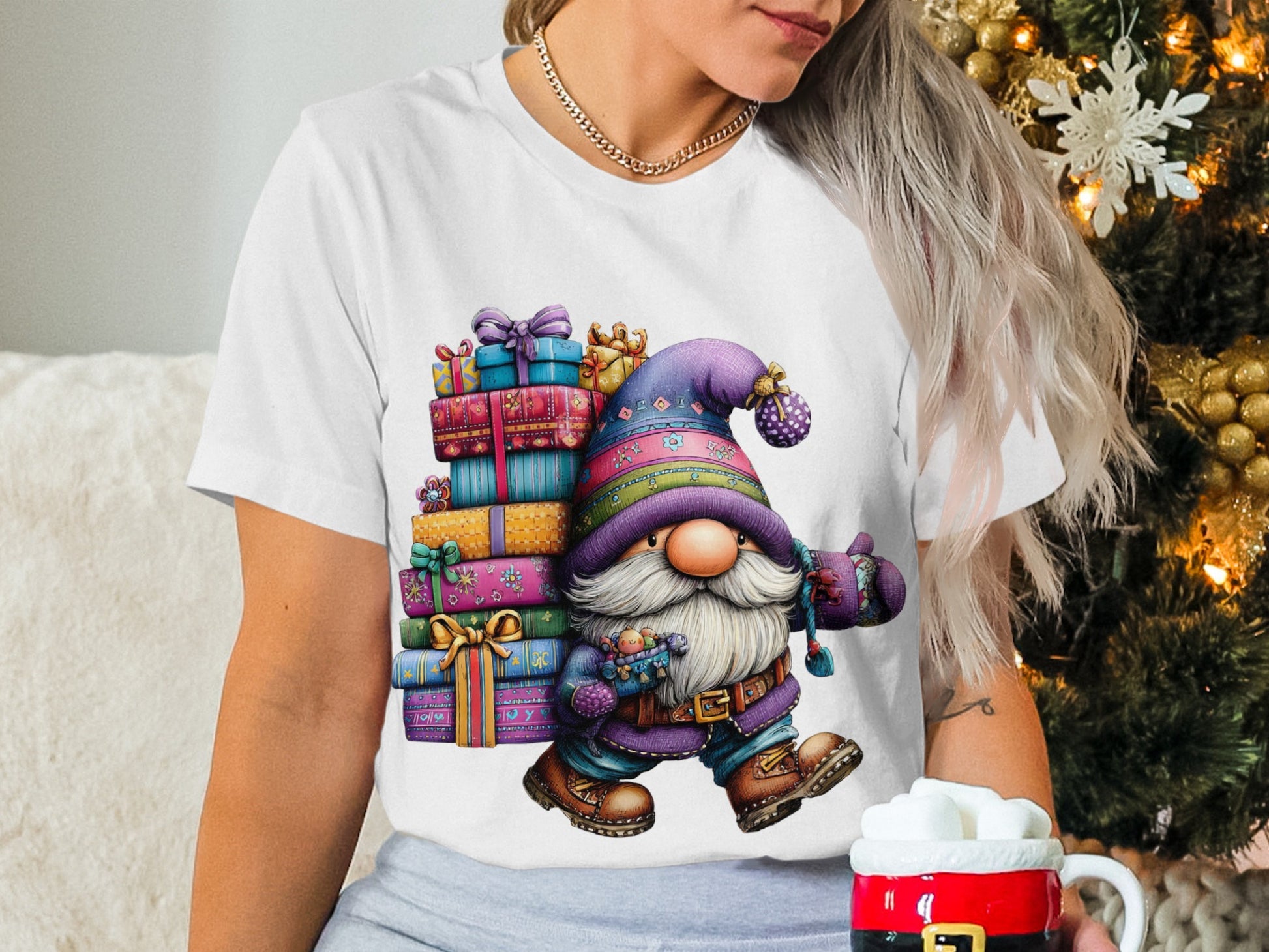 Cute Santa Gnome Cartoon Christmas Graphic T-shirt
