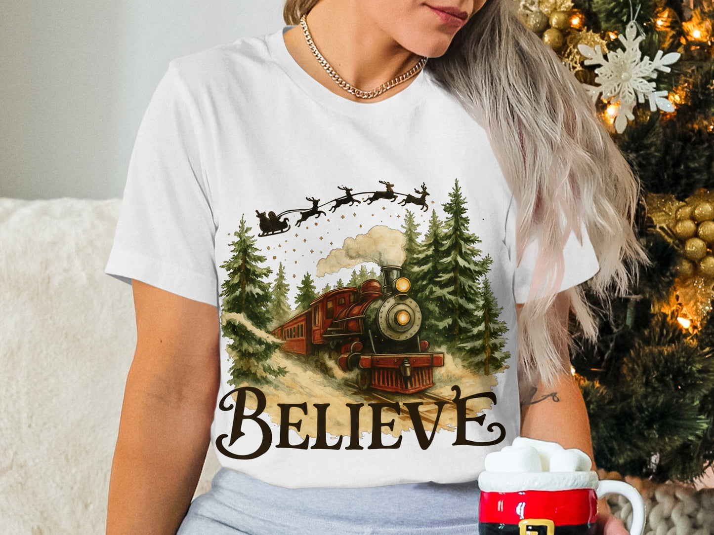 Festive Believe Train with Santa Design T-shirt