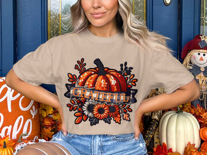 Grateful Pumpkin and Flowers Fall Season Shirt