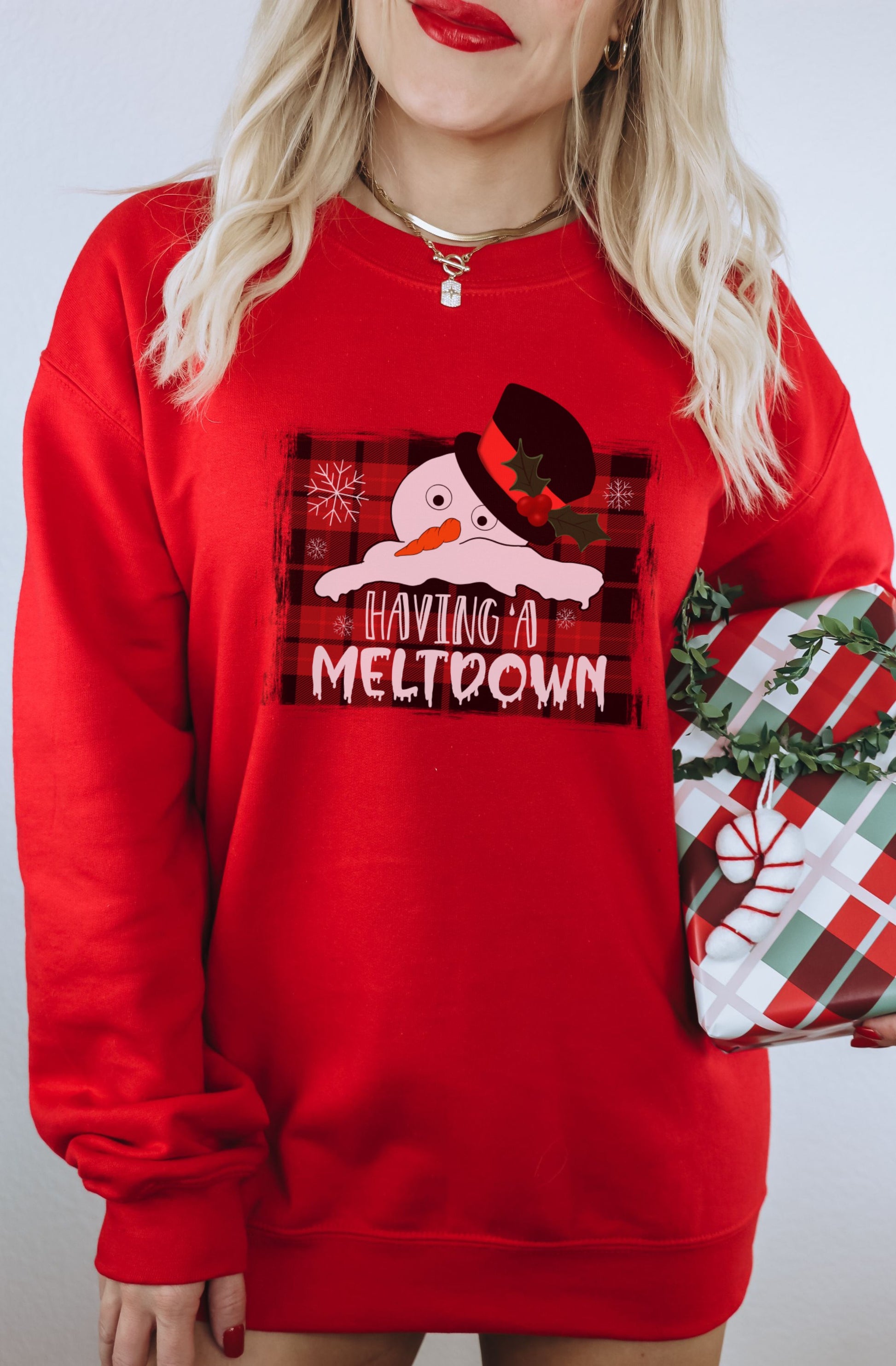 Having a Meltdown Snowman Design on Red Sweatshirt
