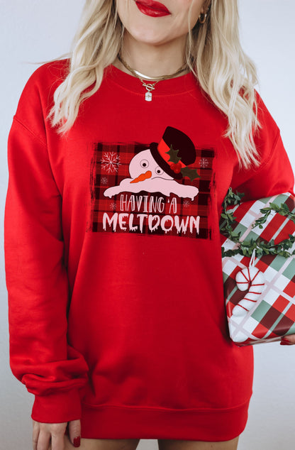Having a Meltdown Snowman Design on Red Sweatshirt